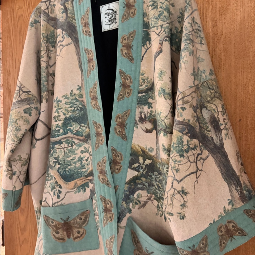 Nature-Inspired Kimono with Moth and Tree Design